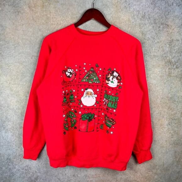 VTG 80s Christmas Holiday Raglan Sweatshirt Womens Sz L Red Crewneck Pullover - Picture 1 of 6